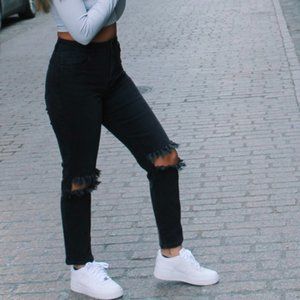Distressed High Waisted Black Denim Jeans